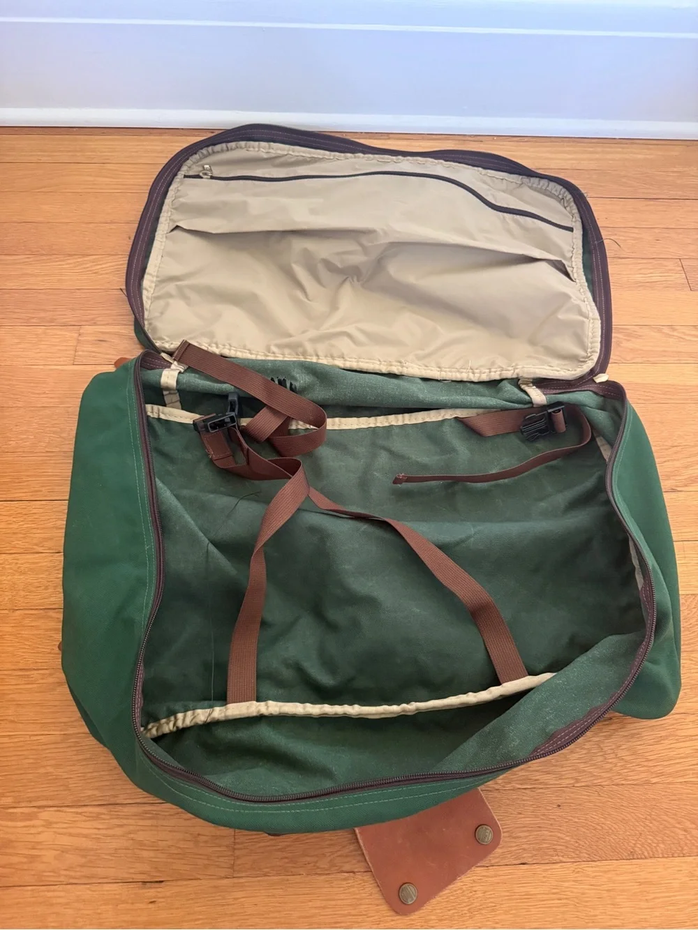 L.L. Bean Forest Green Suitcase with Brown Leather Accents